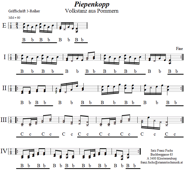 Piepenkopp in Griffschrift für Steirische Harmonika. 
Bitte klicken, um die Melodie zu hören.