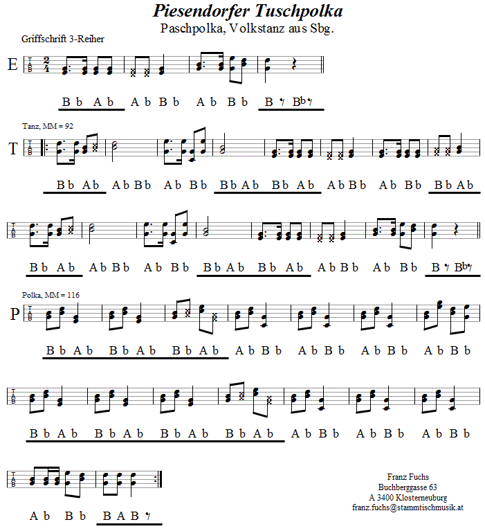 Piesendorfer Tuschpolka in Griffschrift für steirische Harmonika.
Bitte klicken, um die Melodie zu hören.