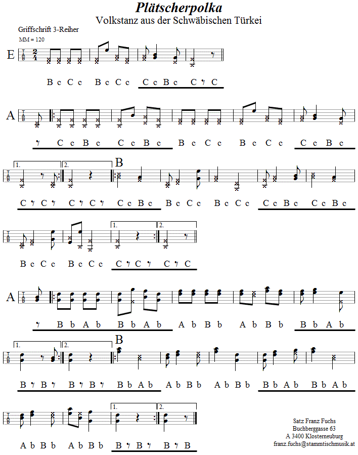 Plätscherpolka in Griffschrift für Steirische Harmonika. 
Bitte klicken, um die Melodie zu hören.