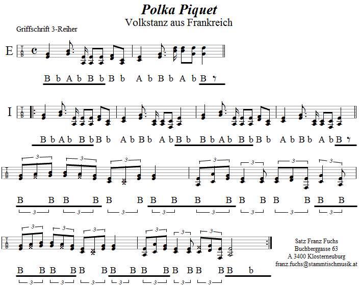 Polka Piquet  in Griffschrift für Steirische Harmonika. 
Bitte klicken, um die Melodie zu hören.