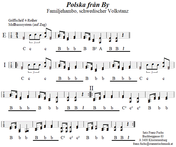 Familjehambo (Polska från By) in Griffschrift für Steirische Harmonika. 
Bitte klicken, um die Melodie zu hören.