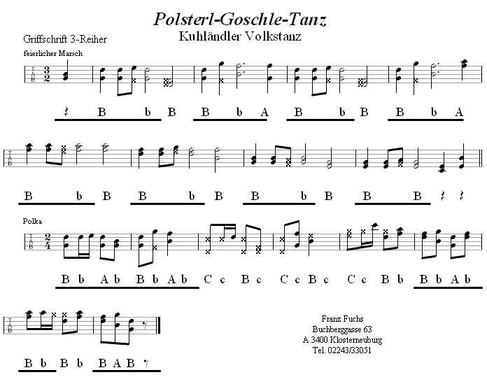 Polsterl-Goschle-Tanz in Griffschrift für Steirische Harmonika. 
Bitte klicken, um die Melodie zu hören.