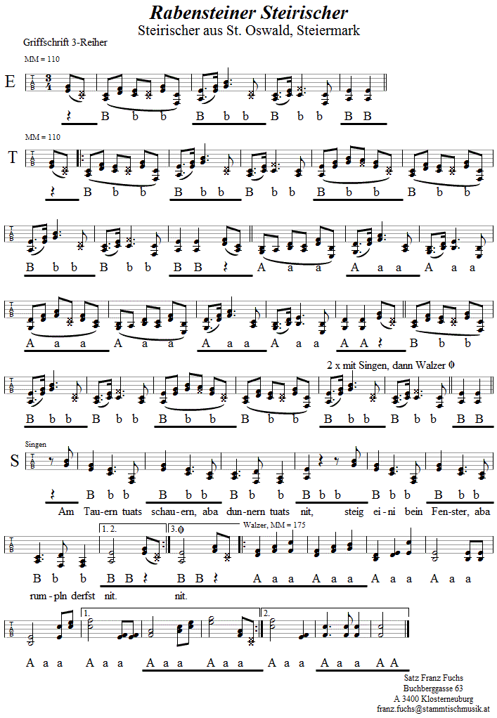 Rabensteiner Steirischer in Griffschrift für Steirische Harmonika.
Bitte klicken, um die Melodie zu hören.
