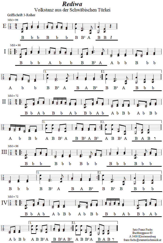 Rediwa in Griffschrift fr steirische Harmonika.
Bitte klicken, um die Melodie zu hren.