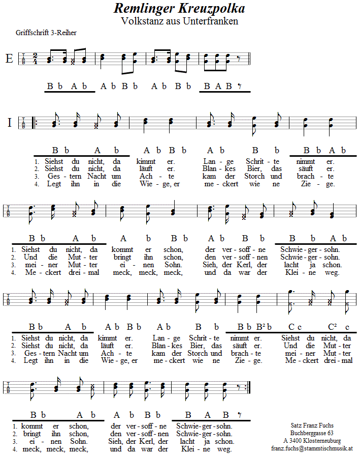 Remlinger Kreuzpolka in Griffschrift für Steirische Harmonika. 
Bitte klicken, um die Melodie zu hören.