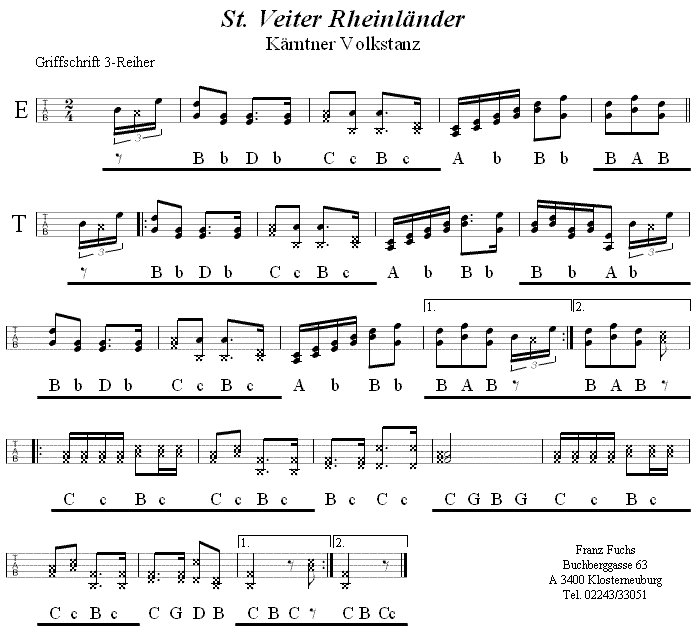 Rheinländer aus St. Veit in zweistimmigen Noten. 
Bitte klicken, um die Melodie zu hören.