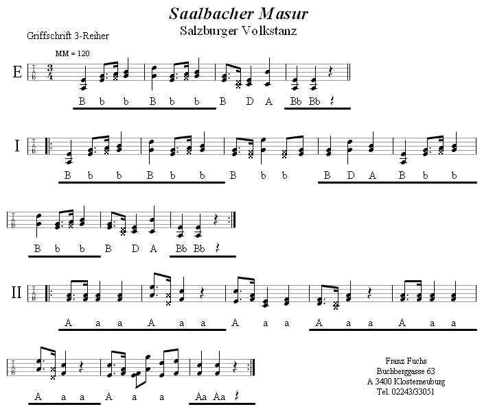 Saalbacher Masur in Griffschrift für Steirische Harmonika. 
Bitte klicken, um die Melodie zu hören.