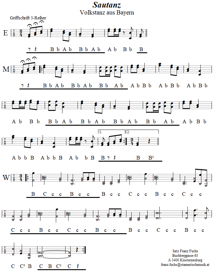 Sautanz in Griffschrift fr Steirische Harmonika. 
Bitte klicken, um die Melodie zu hren.