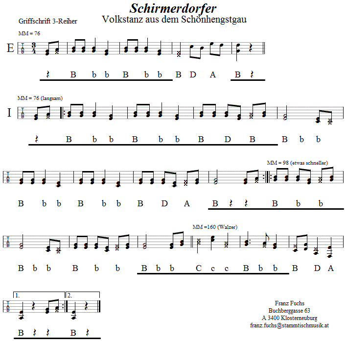 Schirmerdorfer in Griffschrift für Steirische Harmonika. 
Bitte klicken, um die Melodie zu hören.