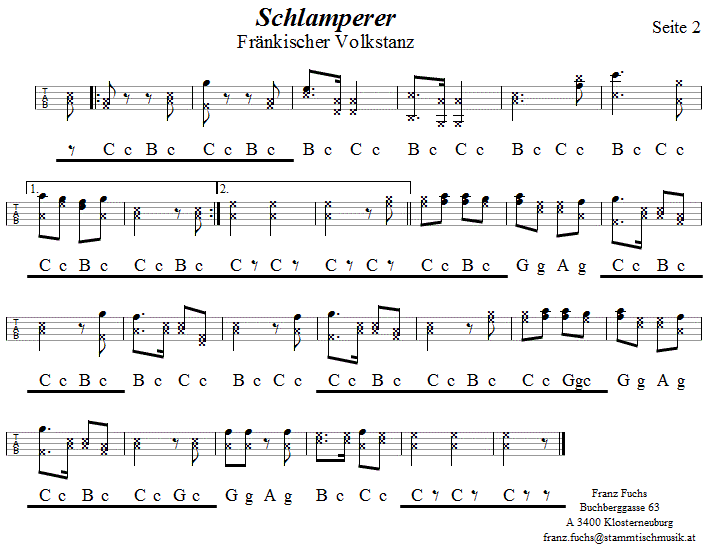 Schlamperer Seite 2 in Griffschrift für Steirische Harmonika. 
Bitte klicken, um die Melodie zu hören.