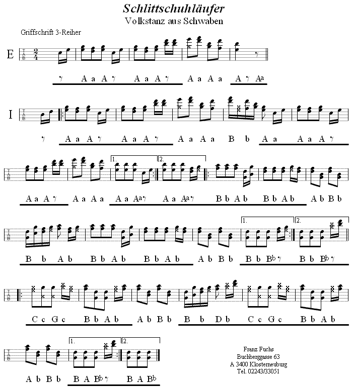 Schlittschuhläufer in Griffschrift für Steirische Harmonika. 
Bitte klicken, um die Melodie zu hören.