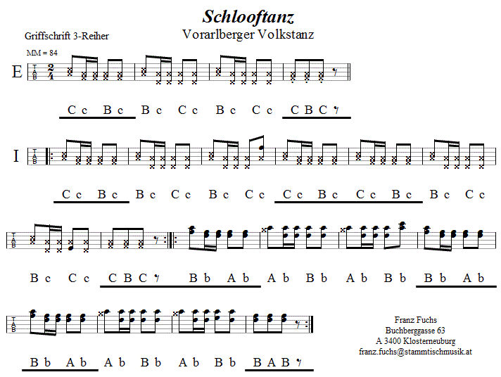 Schlooftanz in Griffschrift für Steirische Harmonika. 
Bitte klicken, um die Melodie zu hören.