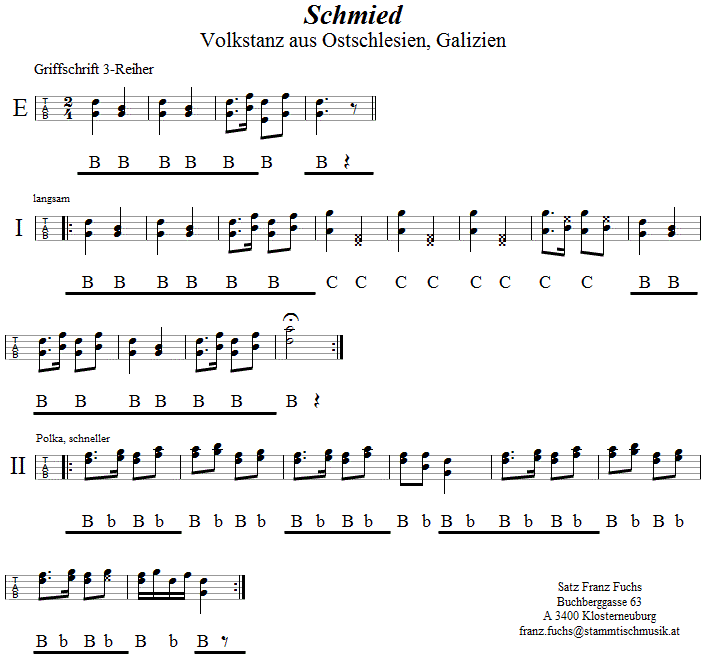 Schmied in Griffschrift für Steirische Harmonika. 
Bitte klicken, um die Melodie zu hören.
