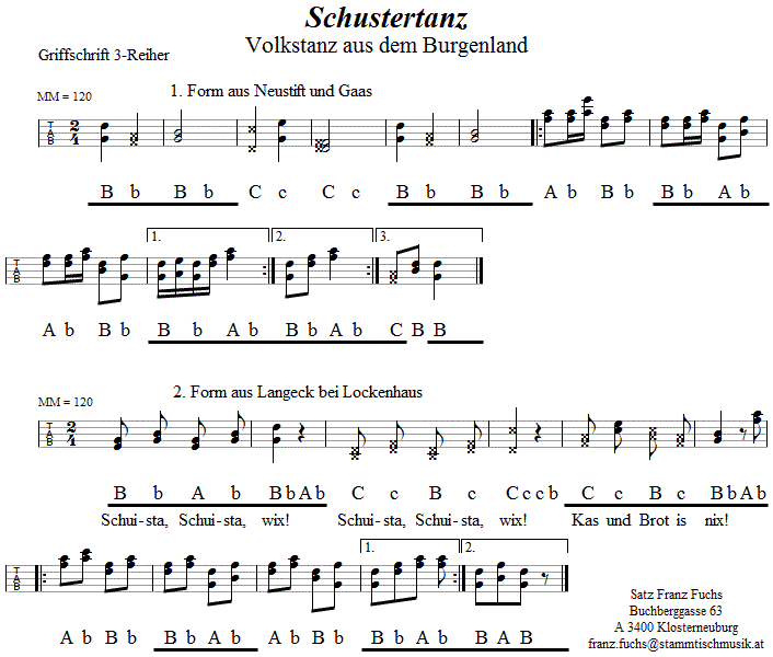 Schustertanz in Griffschrift für Steirische Harmonika.
Bitte klicken, um die Melodie zu hören.