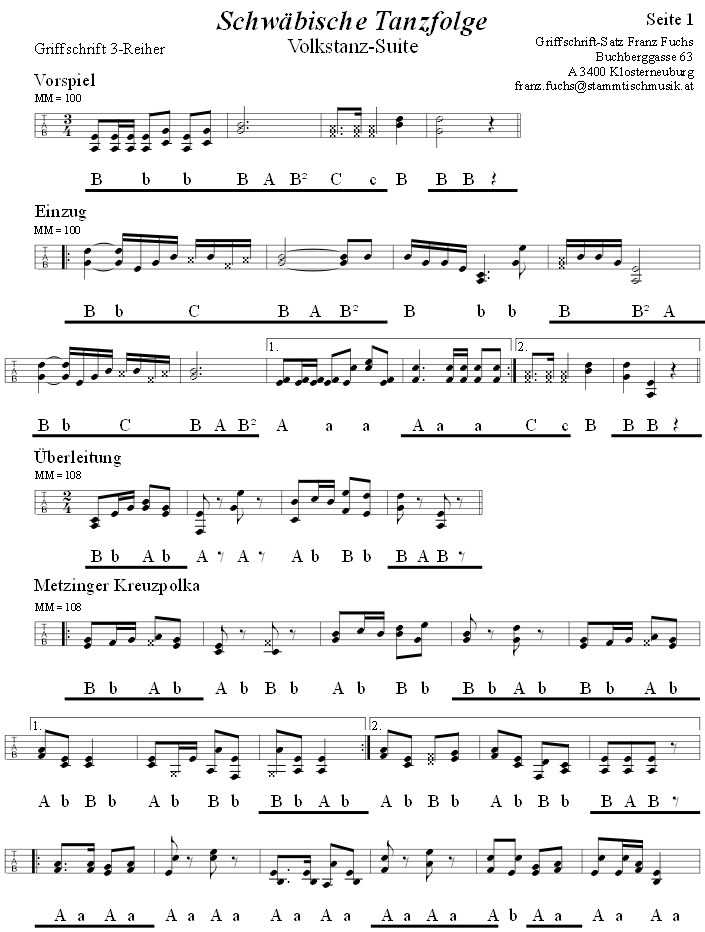 Schwbische Tanzfolge, Seite 1, in Griffschrift fr Steirische Harmonika. 
Bitte klicken, um die Melodie zu hren.