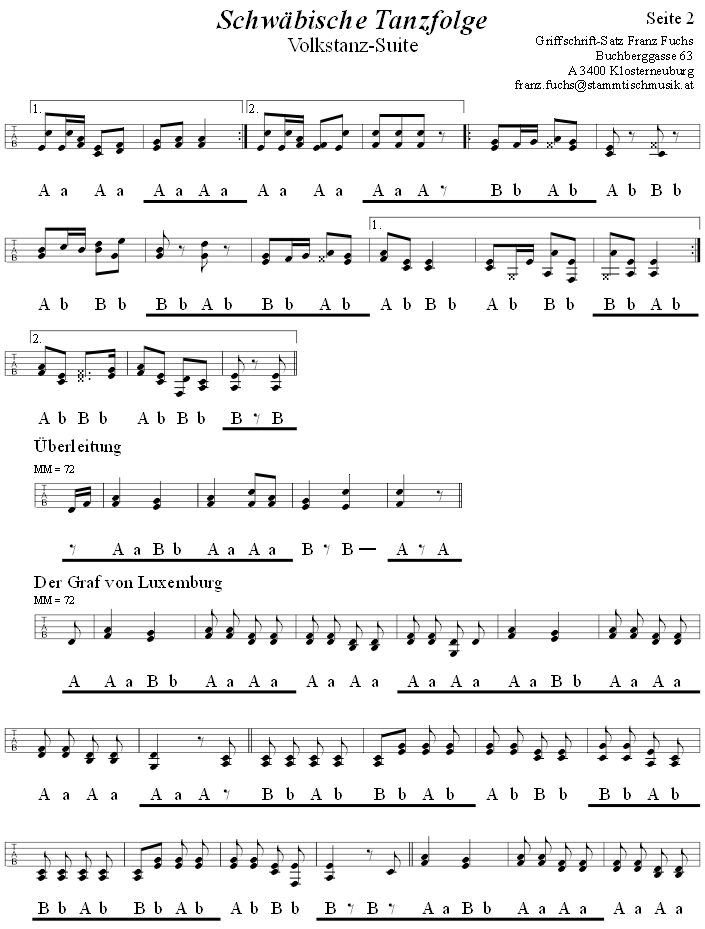 Schwbische Tanzfolge, Seite 2, in Griffschrift fr Steirische Harmonika. 
Bitte klicken, um die Melodie zu hren.