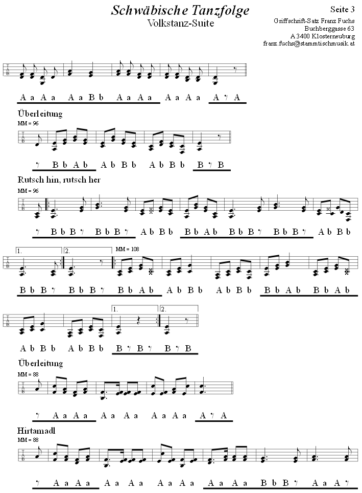 Schwbische Tanzfolge, Seite 3, in Griffschrift fr Steirische Harmonika. 
Bitte klicken, um die Melodie zu hren.