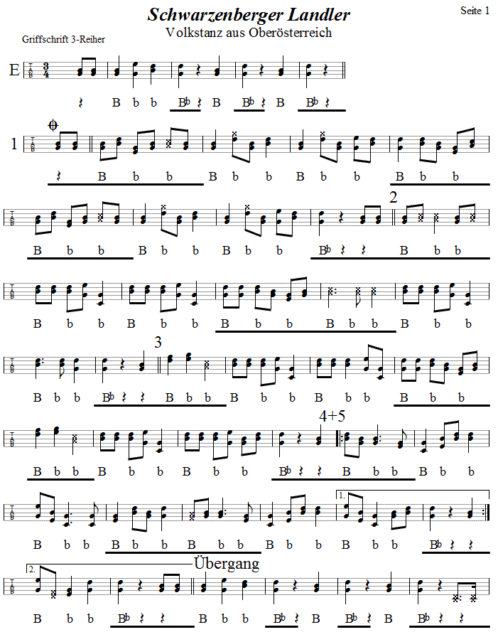 Schwarzenberger Landler 1 in Griffschrift für Steirische Harmonika. 
Bitte klicken, um die Melodie zu hören.