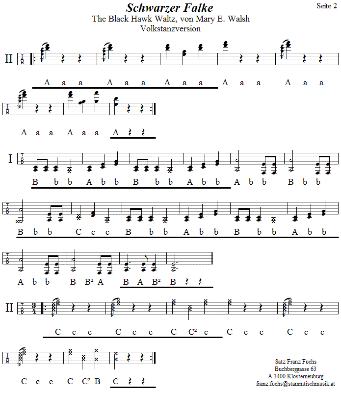 Schwarzer Falke, Volkstanzversion in Griffschrift fr Steirische Harmonika, Seite 2.
Bitte klicken, um die Melodie zu hren.