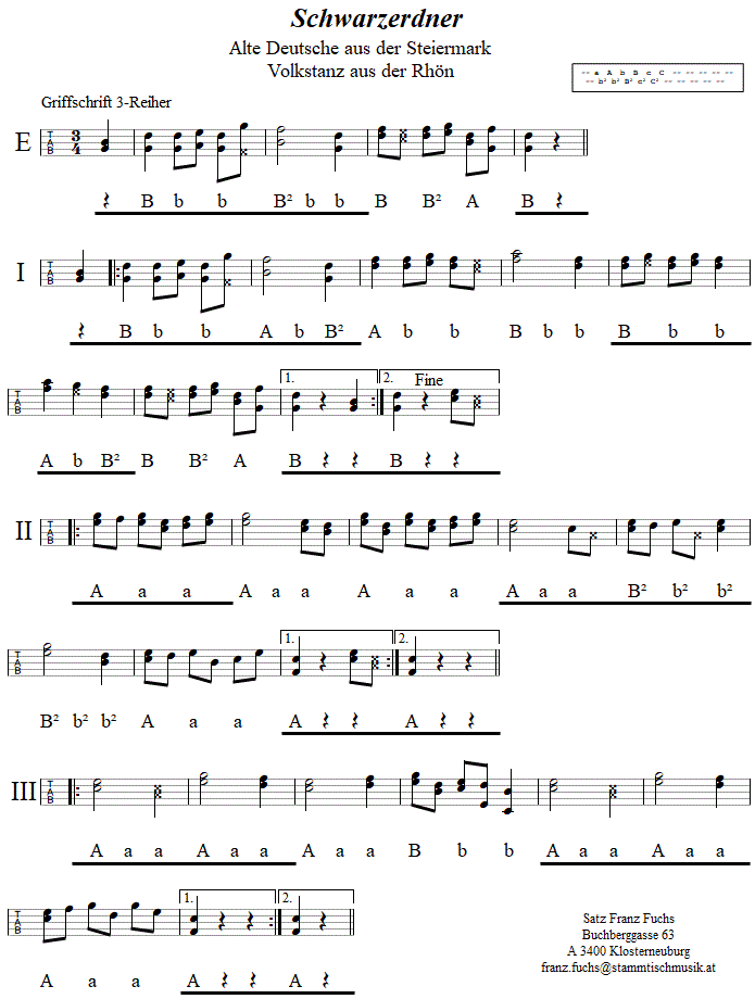 Schwarzerdner in Griffschrift fr Steirische Harmoniika. 
Bitte klicken, um die Melodie zu hren.