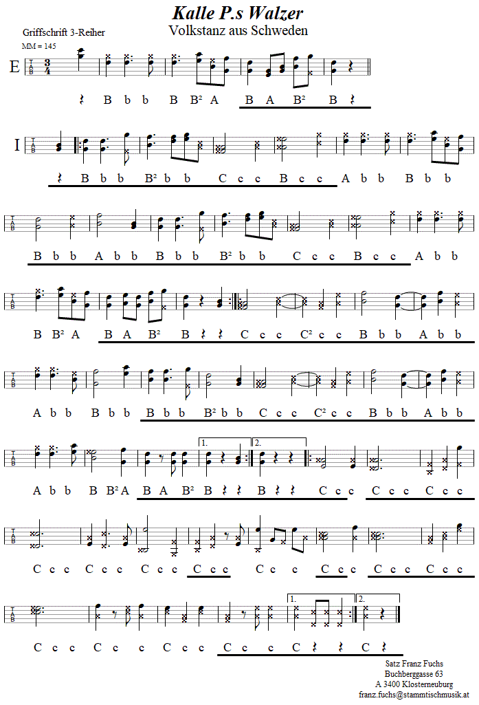 Kalle P.s Walzer in Griffschrift fr Steirische Harmonika. 
Bitte klicken, um die Melodie zu hren.