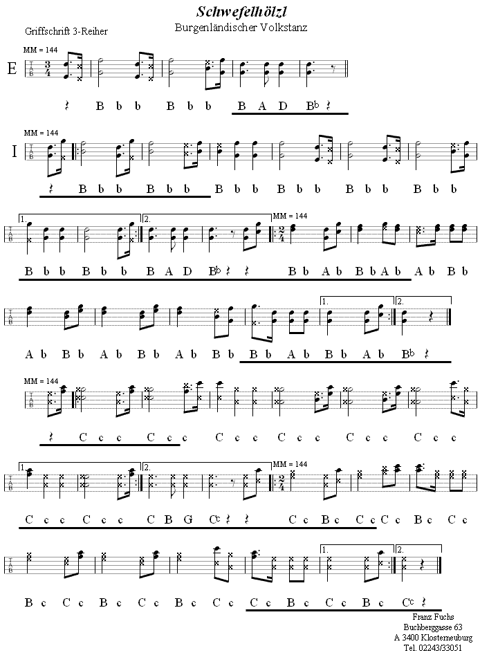 Schwefelhölzl in Griffschrift für Steirische Harmonika. 
Bitte klicken, um die Melodie zu hören.
