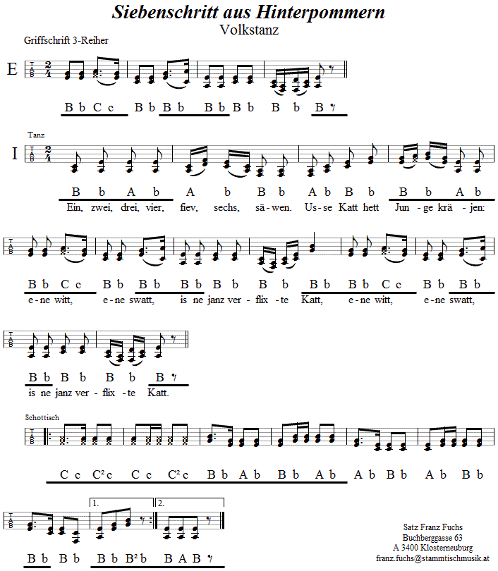 Siebenschritt aus Hinterpommern in Griffschrift für Steirische Harmonika. 
Bitte klicken, um die Melodie zu hören.