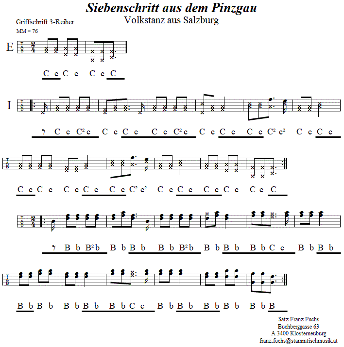 Siebenschritt aus dem Pinzgau, in Griffschrift für Steirische Harmonika. 
Bitte klicken, um die Melodie zu hören.