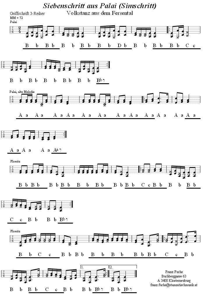 Siebenschritt aus Palai in Griffschrift für Steirische Harmonika. 
Bitte klicken, um die Melodie zu hören.