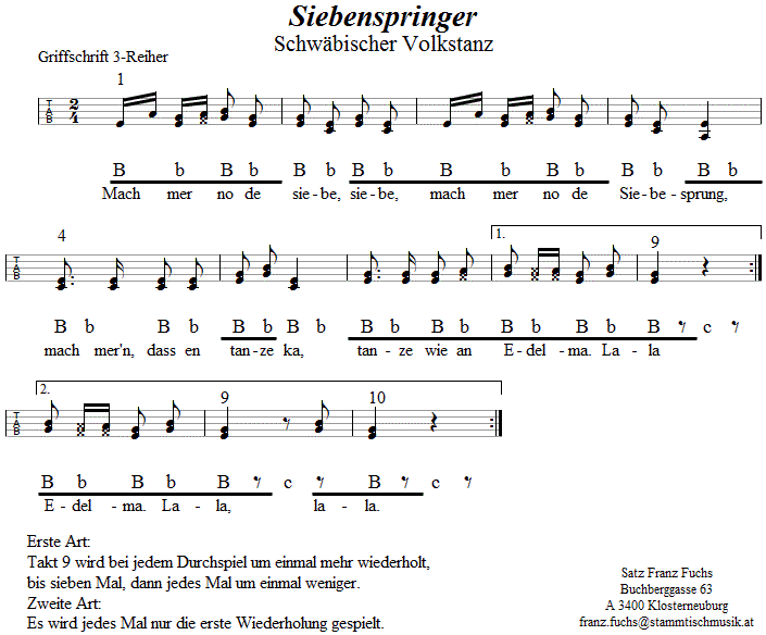 Siebenspringer in Griffschrift für Steirische Harmonika. 
Bitte klicken, um die Melodie zu hören.