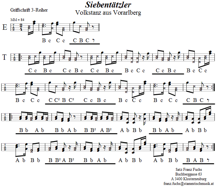 Siebentätzler in Griffschrift für Steirische Harmonika. 
Bitte klicken, um die Melodie zu hören.