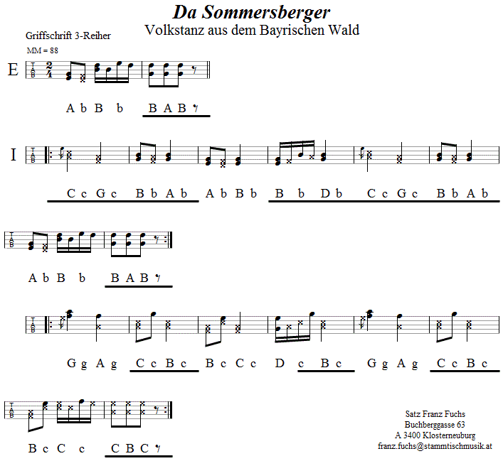 Sommersberger in Griffschrift für Steirische Harmonika. 
Bitte klicken, um die Melodie zu hören.