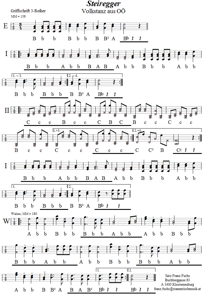 Steiregger in Griffschrift für Steirische Harmonika. 
Bitte klicken, um die Melodie zu hören.