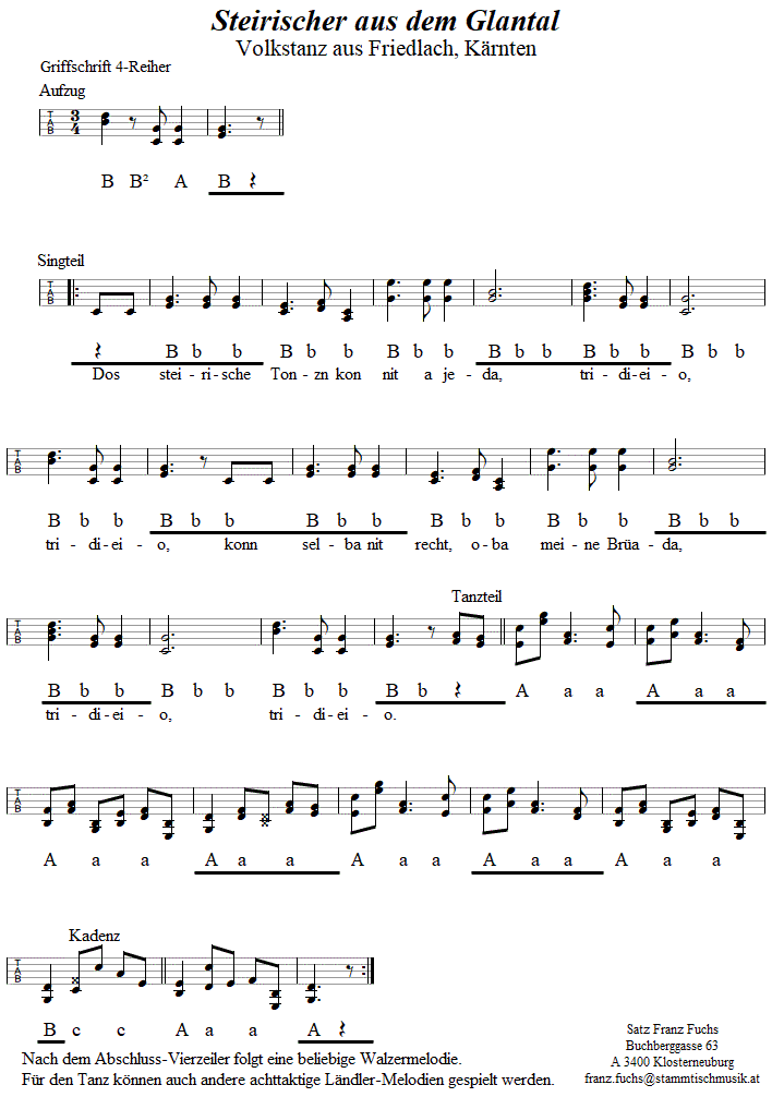 Steirischer aus dem Glantal(Friedlach), in Griffschrift fr Steirische Harmonika. 
Bitte klicken, um die Melodie zu hren.