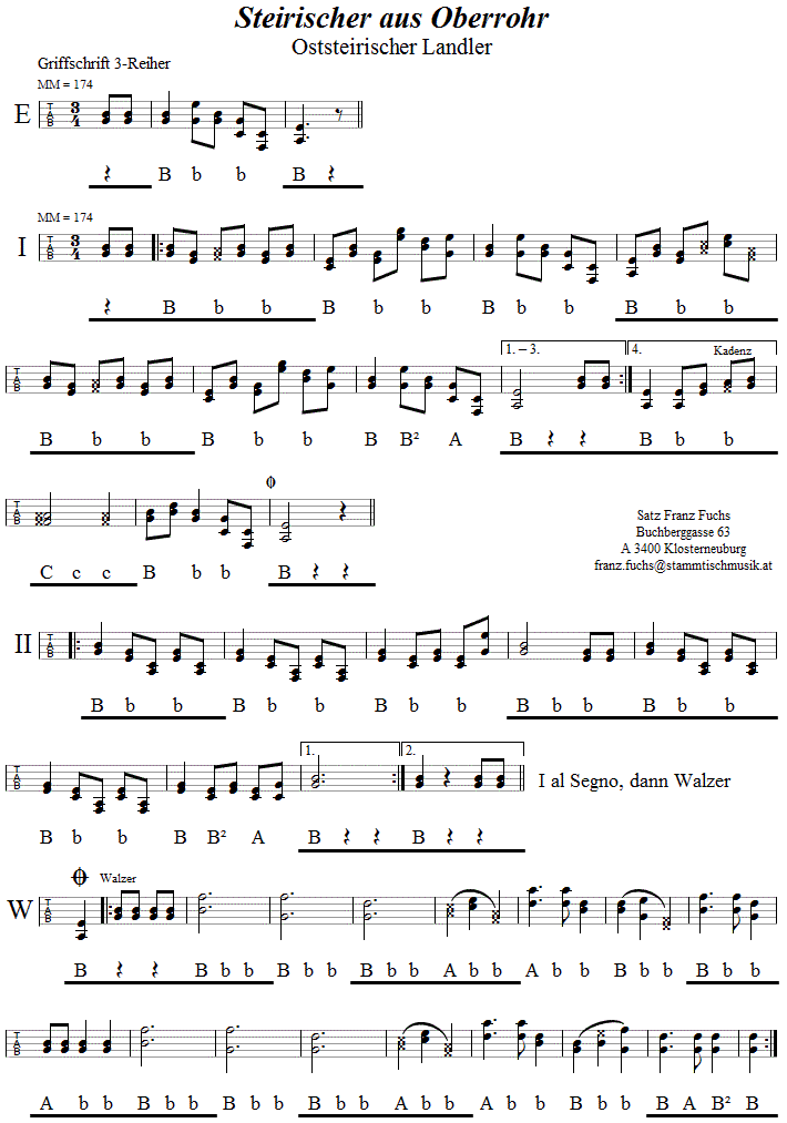 Steirischer aus Oberrohr in Griffschrift für Steirische Harmonika. 
Bitte klicken, um die Melodie zu hören.