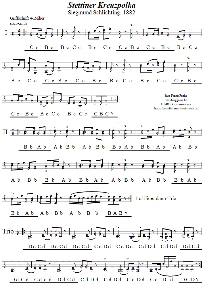 Stettiner Kreuzpolka in Griffschrift für Steirische Harmonika. 
Bitte klicken, um die Melodie zu hören.