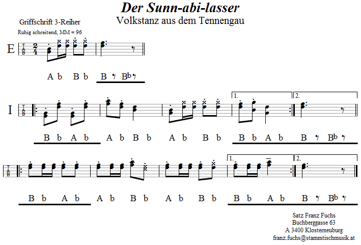 Sunn-abi-lasser in Griffschrift für Steirische Harmonika.
Bitte klicken, um die Melodie zu hören.