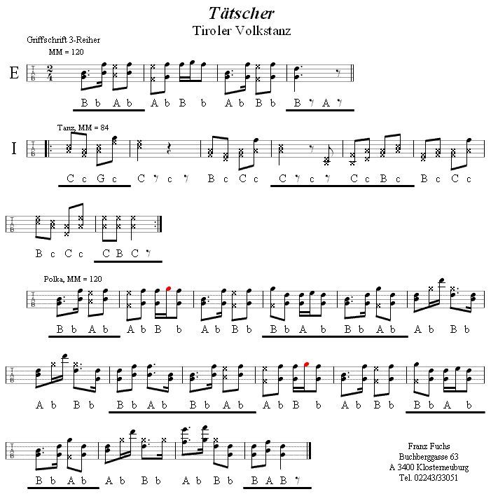 Tätscher in Griffschrift für steirische Harmonika. 
Bitte klicken, um die Melodie zu hören.