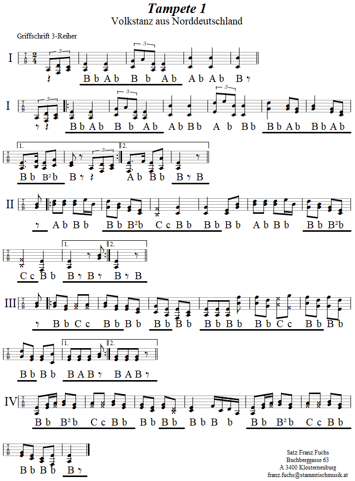 Tampete, 2. Melodie in Griffschrift für Steirische Harmonika. 
Bitte klicken, um die Melodie zu hören.