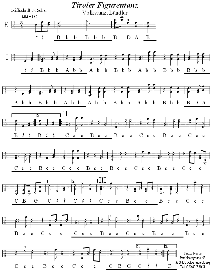 Tiroler Figurentanz in Griffschrift für Steirische Harmonika. 
Bitte klicken, um die Melodie zu hören.