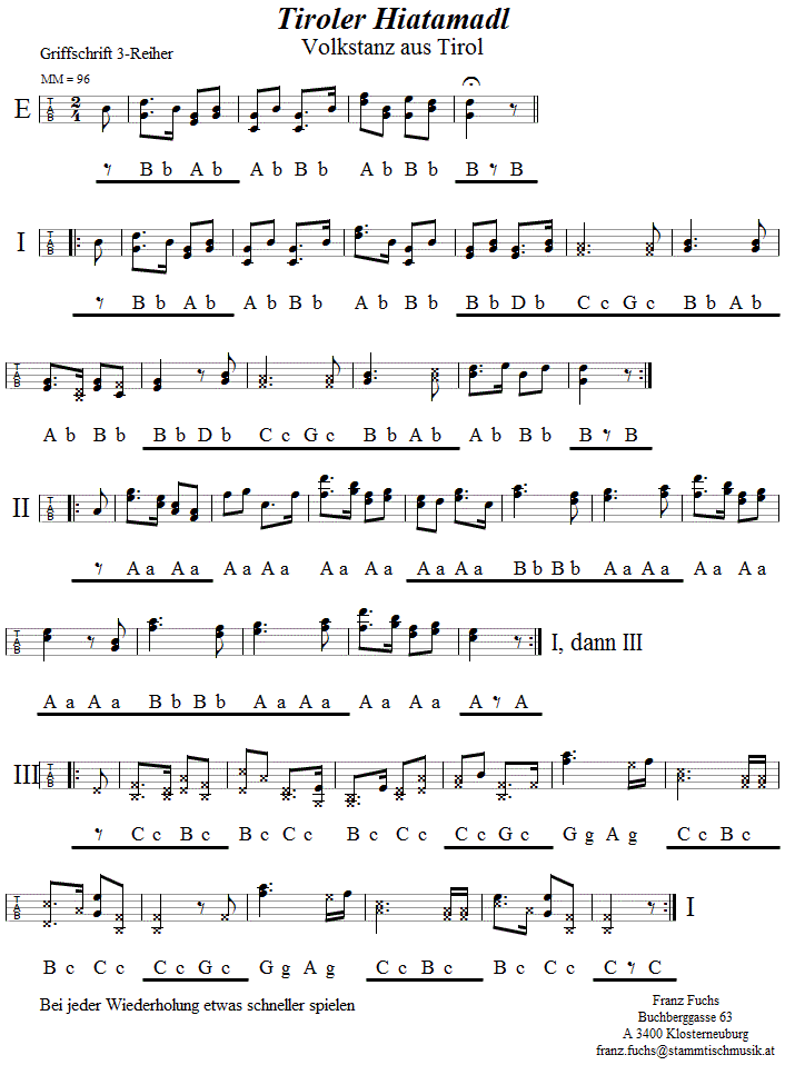 Tiroler Hiatamadl in Griffschrift für Steirische Harmonika. 
Bitte klicken, um die Melodie zu hören.