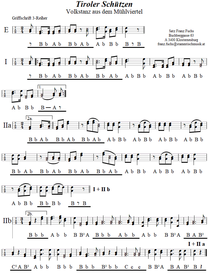 Tiroler Schützen in Griffschrift für Steirische Harmonika. 
Bitte klicken, um die Melodie zu hören.