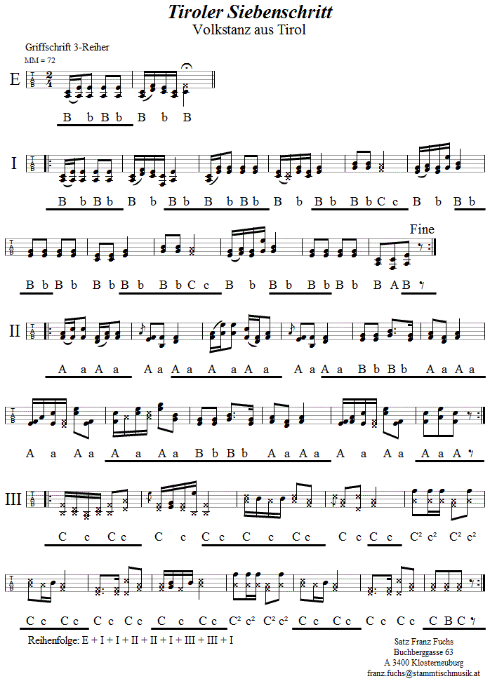 Siebenschritt aus Tirol in Griffschrift für Steirische Harmonika. 
Bitte klicken, um die Melodie zu hören.