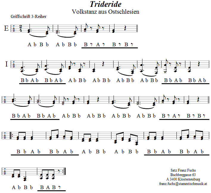 Trideride in Griffschrift für Steirische Harmonika. 
Bitte klicken, um die Melodie zu hören.