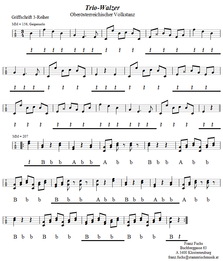 Triowalzer  in Griffschrift für Steirische Harmonika. 
Bitte klicken, um die Melodie zu hören.