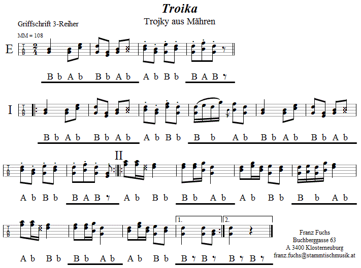 Troika aus Mähren in Griffschrift für Steirische Harmonika. 
Bitte klicken, um die Melodie zu hören.
