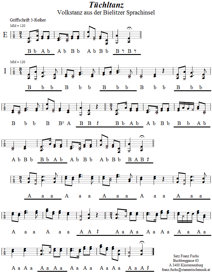 Tüchltanz in Griffschrift für Steirische Harmonika. 
Bitte klicken, um die Melodie zu hören.