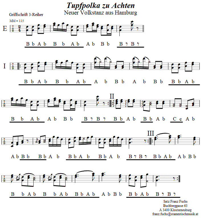 Tupfpolka zu Achten in Griffschrift fr Steirische Harmonika. 
Bitte klicken, um die Melodie zu hren.
