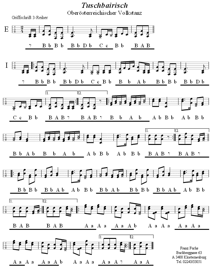 Tuschbairisch in Griffschrift für Steirische Harmonika. 
Bitte klicken, um die Melodie zu hören.