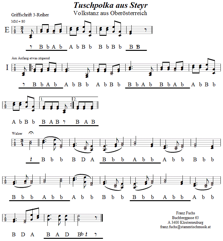 Tuschpolka aus Steyr in Griffschrift für Steirische Harmonika. 
Bitte klicken, um die Melodie zu hören.